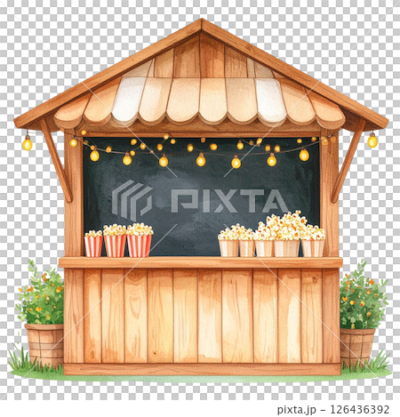 watercolor popcorn clipart bundle includes a variety of delicious snack-themed illustrations in striped buckets, paper bags, food stalls, popcorn trucks, and assorted gourmet toppings.  126436392