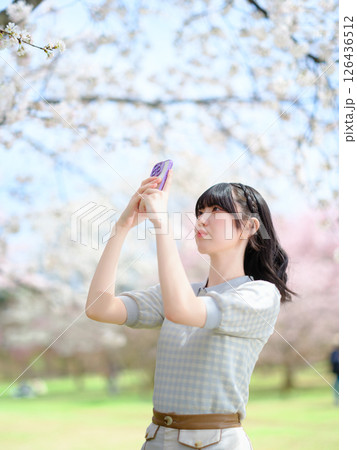 桜の下でスマートフォンで写真を撮る若い女性 126436512