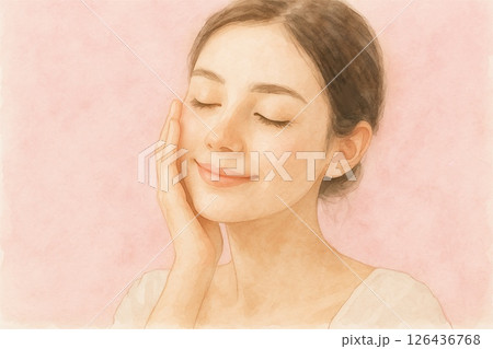 水彩風⭐︎ほおに手をあててスキンケアを楽しむ女性 126436768