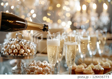 Party and holiday celebration concept. Many glasses of champagne on the table in the restaurant. Waiter pouring white sparkling wine from bottle to glass. Drinks Serving. Weekend festival, wedding 126436773