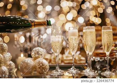 Party and holiday celebration concept. Many glasses of champagne on the table in the restaurant. Waiter pouring white sparkling wine from bottle to glass. Drinks Serving. Weekend festival, wedding 126436774