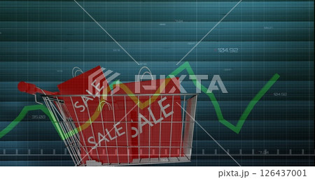 Image of data processing over shopping cart with sale bags 126437001