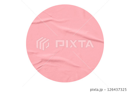 pink circle sticker with crumpled edges. Wrinkled round paper isolated on transparent background. 126437325