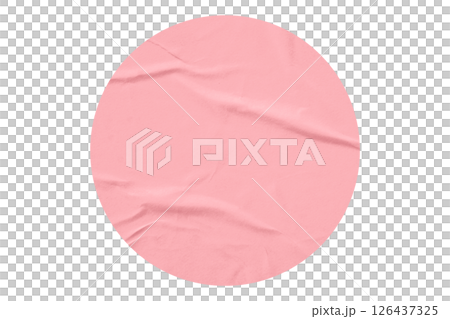 pink circle sticker with crumpled edges. Wrinkled round paper isolated on transparent background. 126437325
