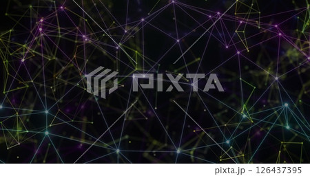 Image of network of connections over shapes on black background 126437395