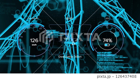 Image of speedometer and data processing over network of connections 126437408
