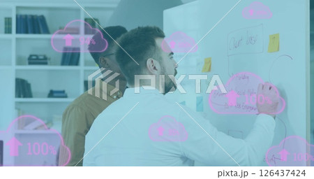Image of clouds and percent going up over diverse business people in office Image of clouds and percent going up over diverse business people in office 126437424