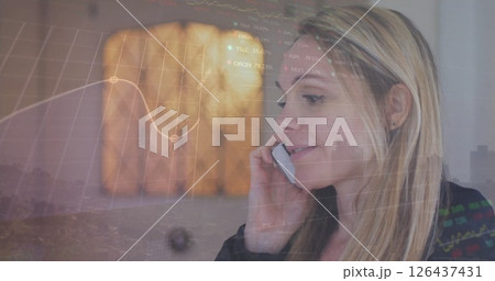 Image of globe of network of connections over caucasian woman using smartphone Image of globe of network of connections over caucasian woman using smartphone 126437431
