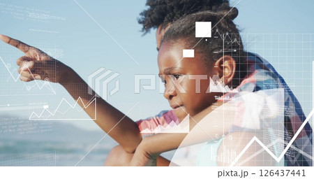 Image of financial data processing over afrcian american woman with sun by sea 126437441