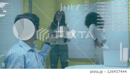 Image of financial data processing over diverse business people in office 126437444