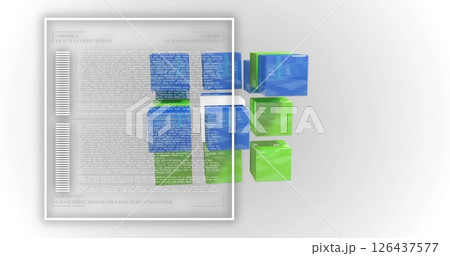 3D cubes in green and blue with text and code image over white background 126437577