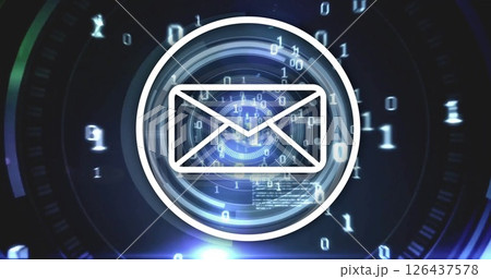 Email icon and digital data processing image over futuristic interface 126437578