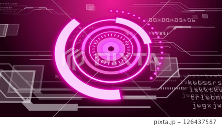 Futuristic digital interface with rotating pink circles and binary coding image 126437587