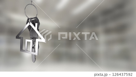 House-shaped keychain image over blurred background House-shaped keychain image over blurred background 126437592
