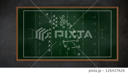Football strategy diagram image over green chalkboard background 126437626
