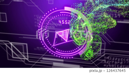Digital data processing image over abstract geometric shapes and green particles Digital data processing image over abstract geometric shapes and green particles 126437645