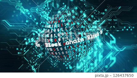 Blockchain and data processing image over digital circuit board background Blockchain and data processing image over digital circuit board background 126437650