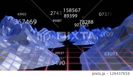 3D grid landscape with floating numbers image over blue wireframe mountains 3D grid landscape with floating numbers image over blue wireframe mountains 126437658