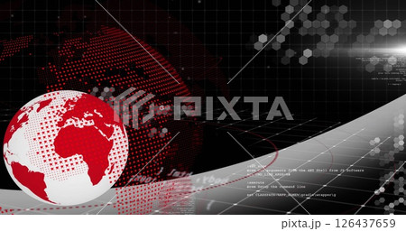 Globe and programming code image over digital world map with hexagonal patterns 126437659