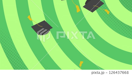 Graduation caps with tassels image over green spiral background Graduation caps with tassels image over green spiral background 126437668