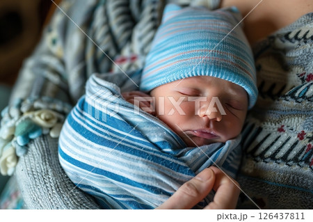 Loving mother hugs little baby at home. Pretty woman holding cuddling newborn child in her arms. Happy family together. Young mom carrying kissing small infant on hands. Knitted warm winter clothes 126437811
