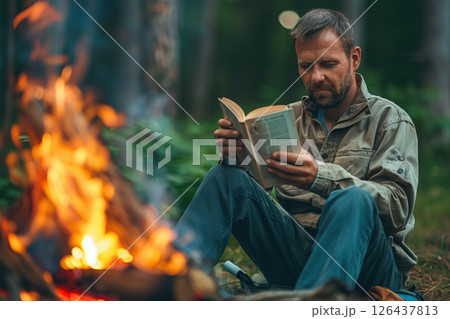Mature man sitting at campfire reading a book against touristic tent, stack of firewood. Person on campsite getting replenished enjoying camping. Traveling in the wild. Finding solitude in wilderness 126437813