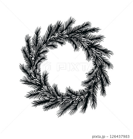 Black and white evergreen Christmas wreath design with detailed pine branches on a white background, symbolizing sustainable Christmas concept. 126437983