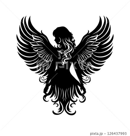 A black and white drawing of a woman with long hair and wings. A black and white drawing of a woman with long hair and wings. 126437993