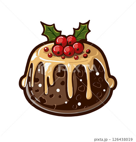 Festive Christmas pudding with dripping icing and holly garnish in cartoon style on white background, symbolizing holiday dessert celebration 126438019