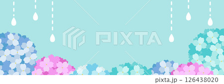 紫陽花と雨の背景・梅雨シーズンの横長イラスト 126438020