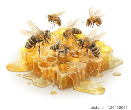 Honeybees on Golden Honeycomb with Dripping Honey 126438063