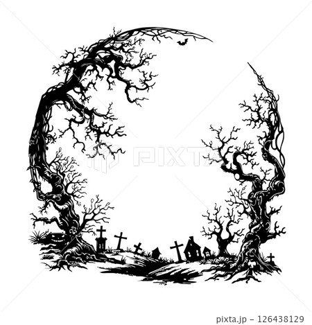 Spooky twisted trees and graveyard forming eerie circular frame on white. 126438129