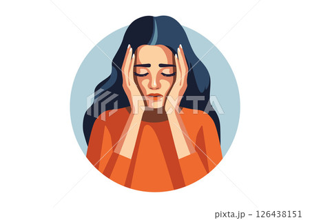 Woman holding her head with a concerned expression in a modern illustration style. Woman in depression. Concept of mental disorder, affliction, sorrow and anxiety. 126438151