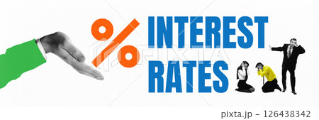 Banner. Contemporary art collage. Giant hand holds percent symbol while people panic, under pressure, reflecting chaos from rising interest rates. Banner. Contemporary art collage. Giant hand holds percent symbol while people panic, under pressure, reflecting chaos from rising interest rates. 126438342