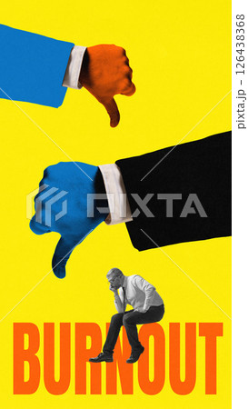 Conceptual collage. Man sits in exhaustion below two large hands giving thumbs down, symbolizing rejection, overwork and emotional crash in broken systems. 126438368