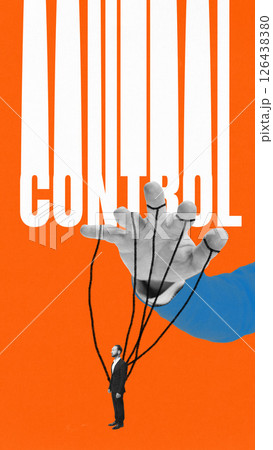Conceptual collage. Man becomes puppet controlled by blue hand with strings against barcode backdrop, illustrating total loss of freedom in economic crisis. 126438380