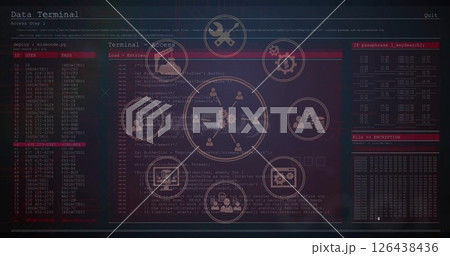 Image of digital data processing over network of icons Image of digital data processing over network of icons 126438436