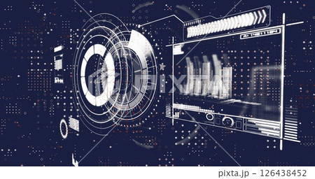 Image of scope scanning with icons over data processing on black background Image of scope scanning with icons over data processing on black background 126438452