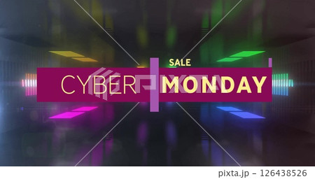 Image of cyber monday text and data processing over neon background 126438526