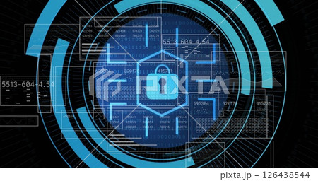 Image of padlock icon, scope scanning with data processing 126438544