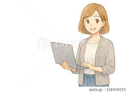 ノートパソコンを操作する女性の水彩風イラスト（背景透過） 126438555