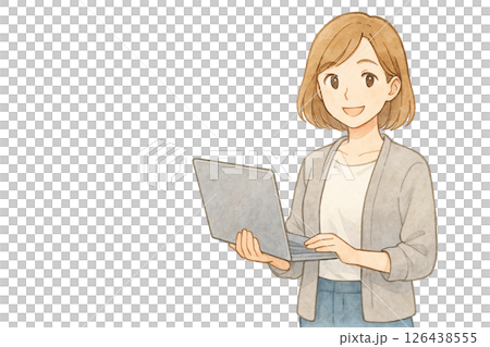 ノートパソコンを操作する女性の水彩風イラスト（背景透過） 126438555