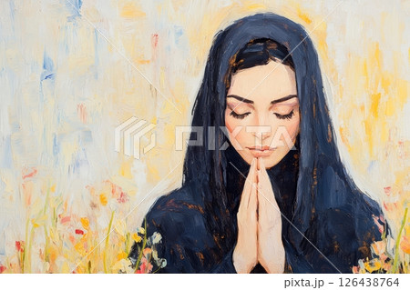 A woman wearing a black shawl kneels in prayer amidst a vibrant background of flowers, embodying serenity and devotion in St Mariana 126438764