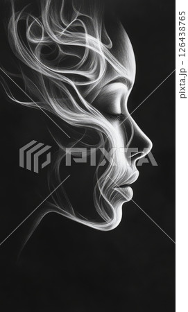 A beautiful female face emerges from swirling smoke, set against a deep black background, capturing elegance and serenity in its form 126438765
