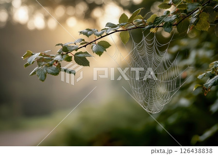Dew Kissed Spiderweb In Morning Sunlight 126438838