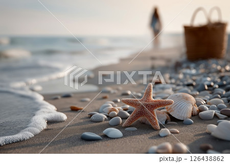 Orange Starfish and Seashells on Sandy Beach at Sunset 126438862