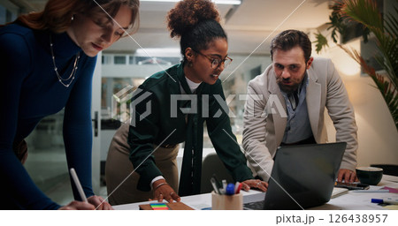 Laptop, project and business people planning for teamwork, collaboration and investment. Manager, accounting or financial advisor talking in office for meeting, account budget and risk management 126438957