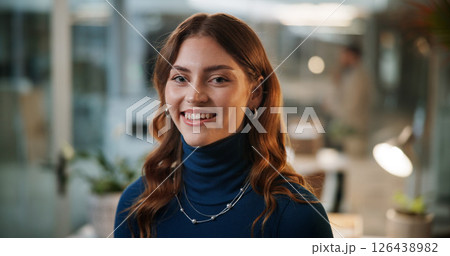 Happy, night and portrait of businesswoman in office with confidence for creative career. Smile, professional and face of female magazine editor from London with pride for journalism in workplace. 126438982