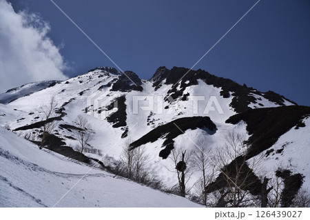 春のおんたけロープウェイから山スキー登山による8合目付近から和哉シュートを臨む 126439027