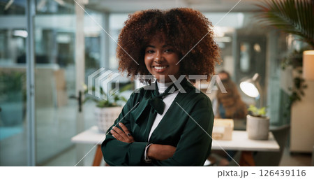 Crossed arms, night and portrait of black woman in office with confidence for creative career. Happy, professional and African female magazine editor with pride for journalism job in workplace. 126439116